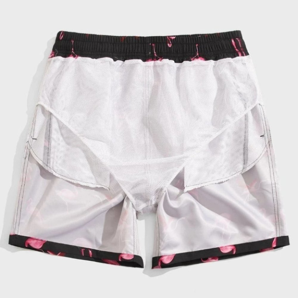 Black Vacation Style Men's Flamingo Print Swim Trunks - Picture 6 of 6